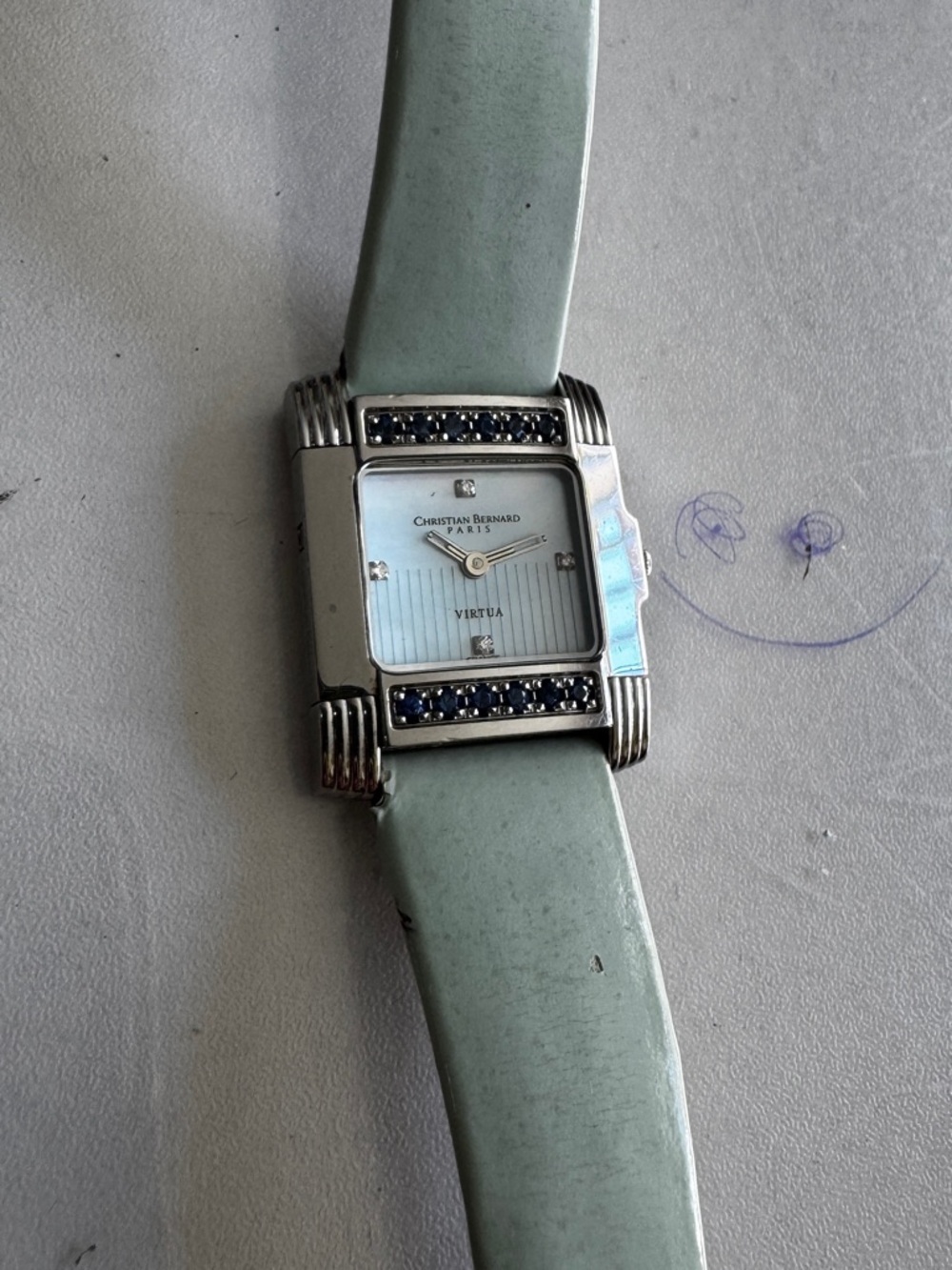 Christian Bernard Virtua Diamond&Sapphire Wrist Watch W/ Blue Leather Strap Runs